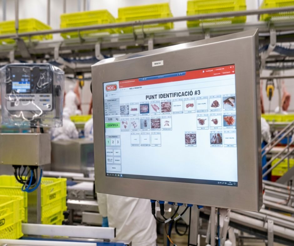 Touchscreen for identification and automatic labelling of meat boxes on a sorting line
